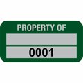 Lustre-Cal Property ID Label PROPERTY OF 5 Alum Green 1.50in x 0.75in 1 Blank Pad&Serialized 0001-0100,100PK 253769Ma2G0001